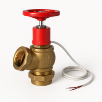 Клапан диам.51 мм,латунь, угловой 125 градусов в сборе с муфтой и контргайкой КПЛ 50-2 с датчиком положения пожарного клапана