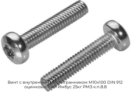 Винт с внутренним шестигранником М10x100 DIN 912  оцинкованный Имбус 25кг РМЗ к.п.8.8