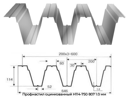Профнастил оцинкованный Н114-750 807 1.0 мм