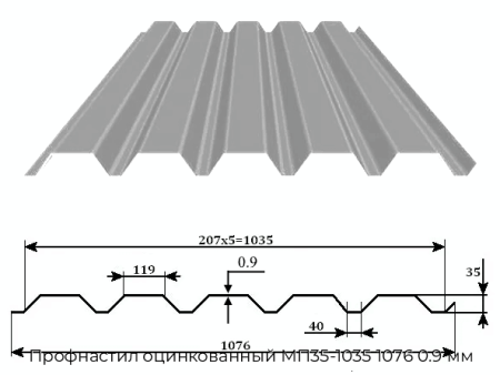 Профнастил оцинкованный МП35-1035 1076 0.9 мм