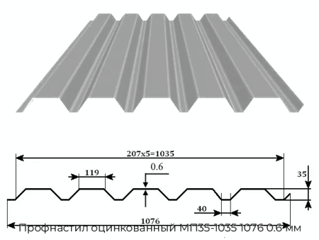 Профнастил оцинкованный МП35-1035 1076 0.6 мм